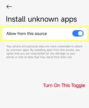 Enabling allow from this source toggle in Android settings to install MovieBox APK