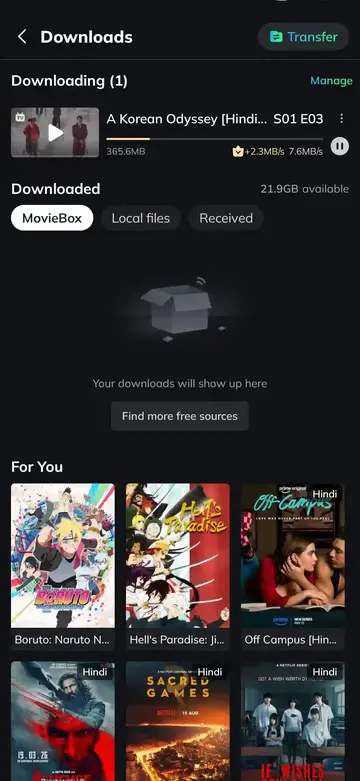 MovieBox APK offline download manager and high speed file transfer interface on Android