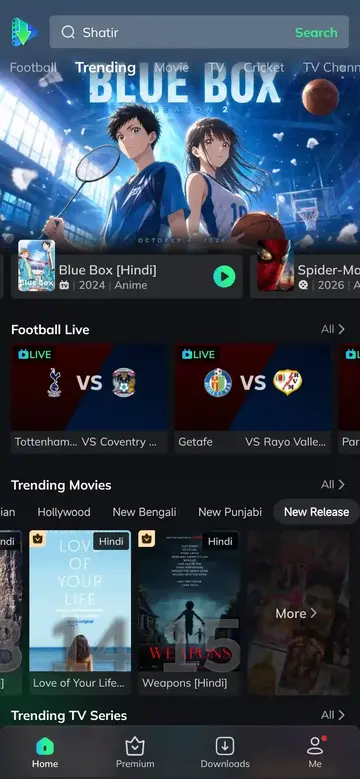 MovieBox app home screen showing trending entertainment categories and live sports dashboard