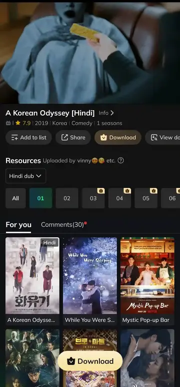 MovieBox Pro video player interface with episode selector, dual audio resources, and download options